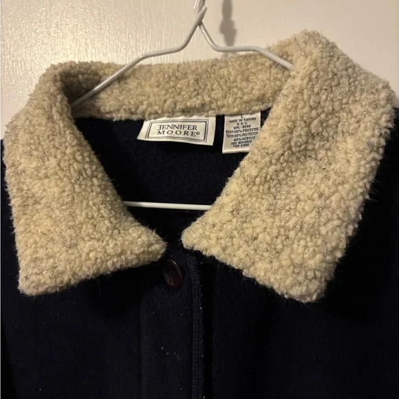 Jennifer Moore Navy Coat with Cream Collar Bard Coat Style Cozy Girly Jacket - Picture 2 of 4